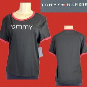 Tommy Hilfiger Womens L Blac Ringer Tee Red Trim Logo Short Sleeve Crew Neckline